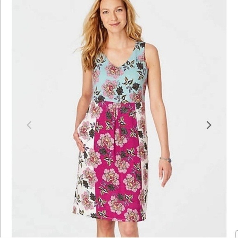 J. Jill Floral Colorblock Dress Women's Large Petite V-Neck Blue Pink Pockets